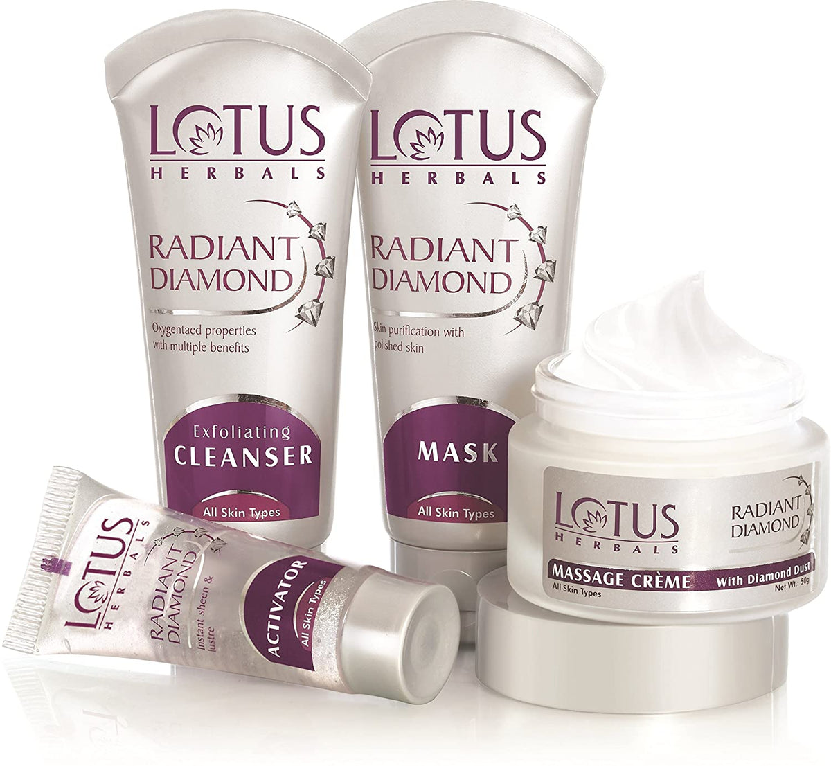 LOTUS HERBALS Lotus Radiant Diamond Facial Kit for instant radiance with Diamond dust &amp; Cinnamon, 4 easy steps, 170g (Multiple use)