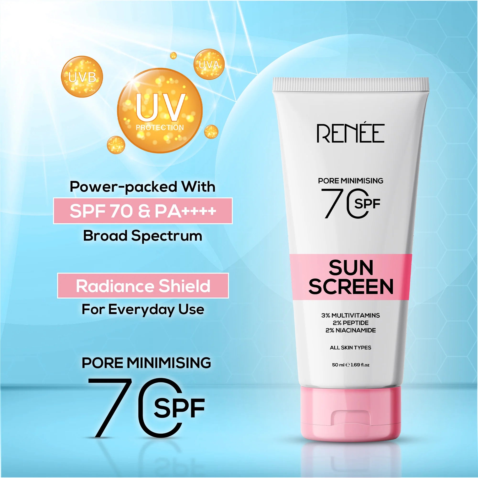 Renee - Pore Minimising Sunscreen SPF 70 with 3% multivitamins, 2% Peptides and 2% Niacinamide