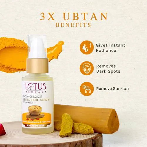 Lotus Herbals - Radiance Boost Ubtan Face Serum - SPF 20, PA+++, Paraben Free, (30 ml)