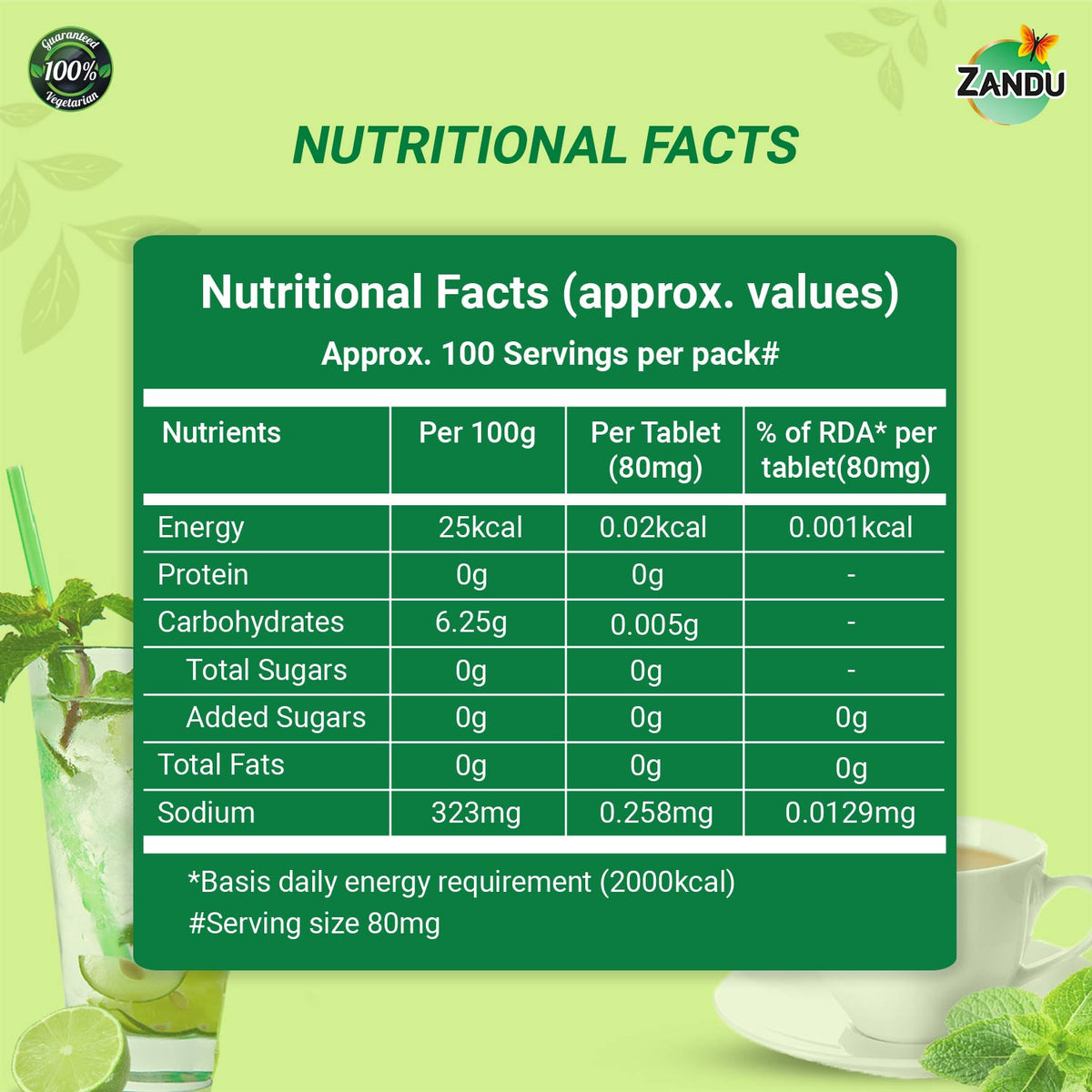 Zandu-O Diabetic-Friendly 0-kcal Sweetener Stevia (Tablets) 100 Tabs X 1U