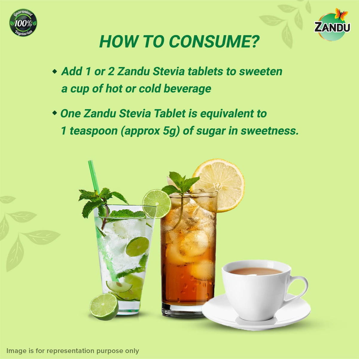 Zandu-O Diabetic-Friendly 0-kcal Sweetener Stevia (Tablets) 100 Tabs X 1U