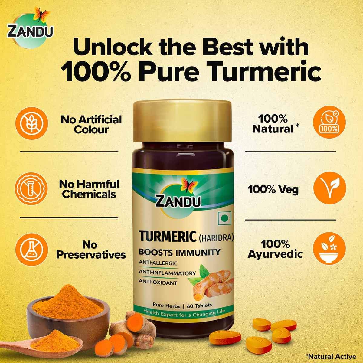 Zandu-O Zandu Turmeric Tablets for Immunity Boost & Inflammation Relief (60 tabs) 60 Tabs