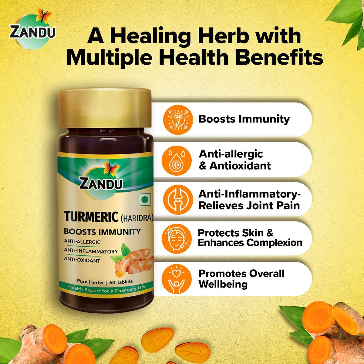 Zandu-O Zandu Turmeric Tablets for Immunity Boost & Inflammation Relief (60 tabs) 60 Tabs