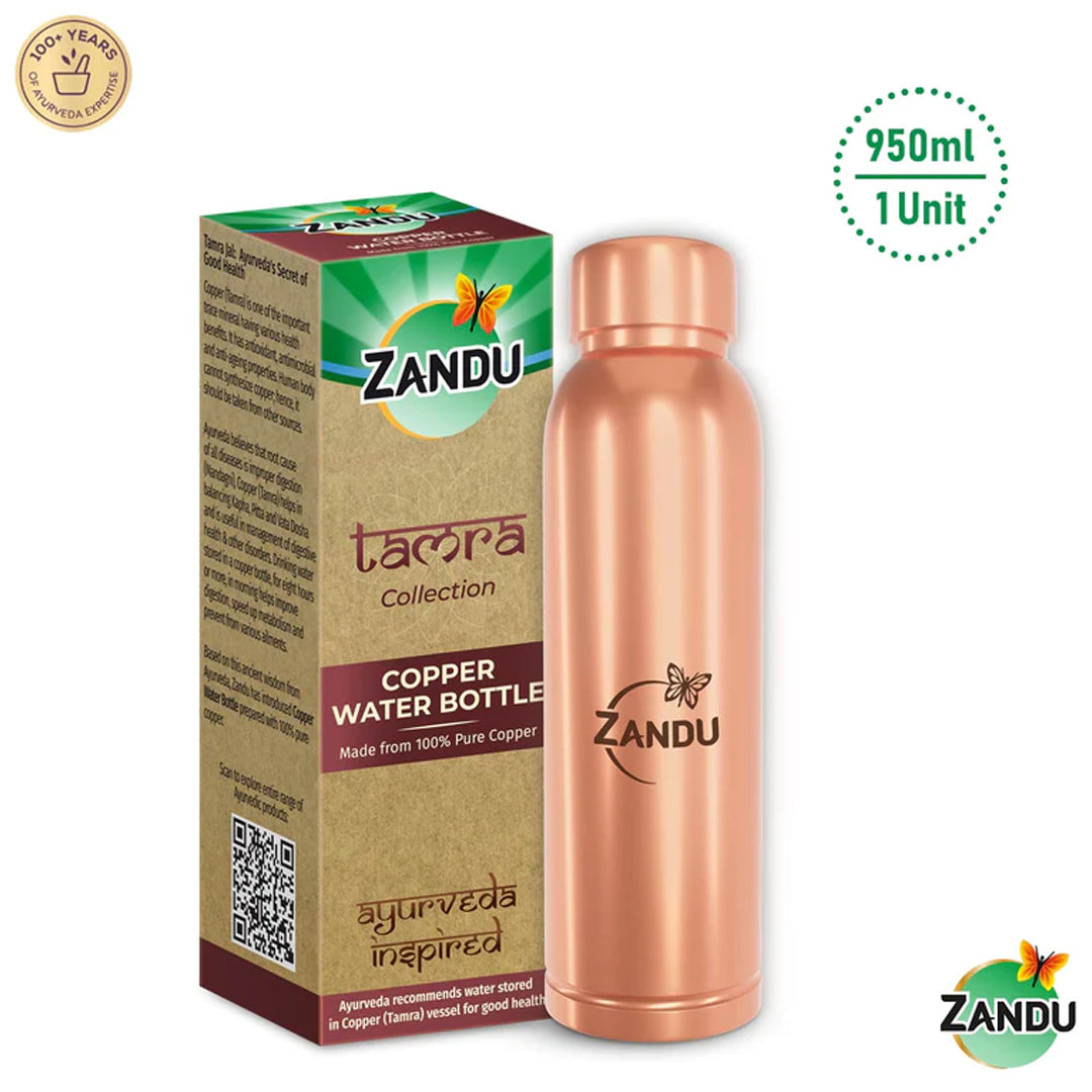 Zandu-O Copper Bottle - Alkalises Water & Kills 99% Microbes Plain Copper (950ml)