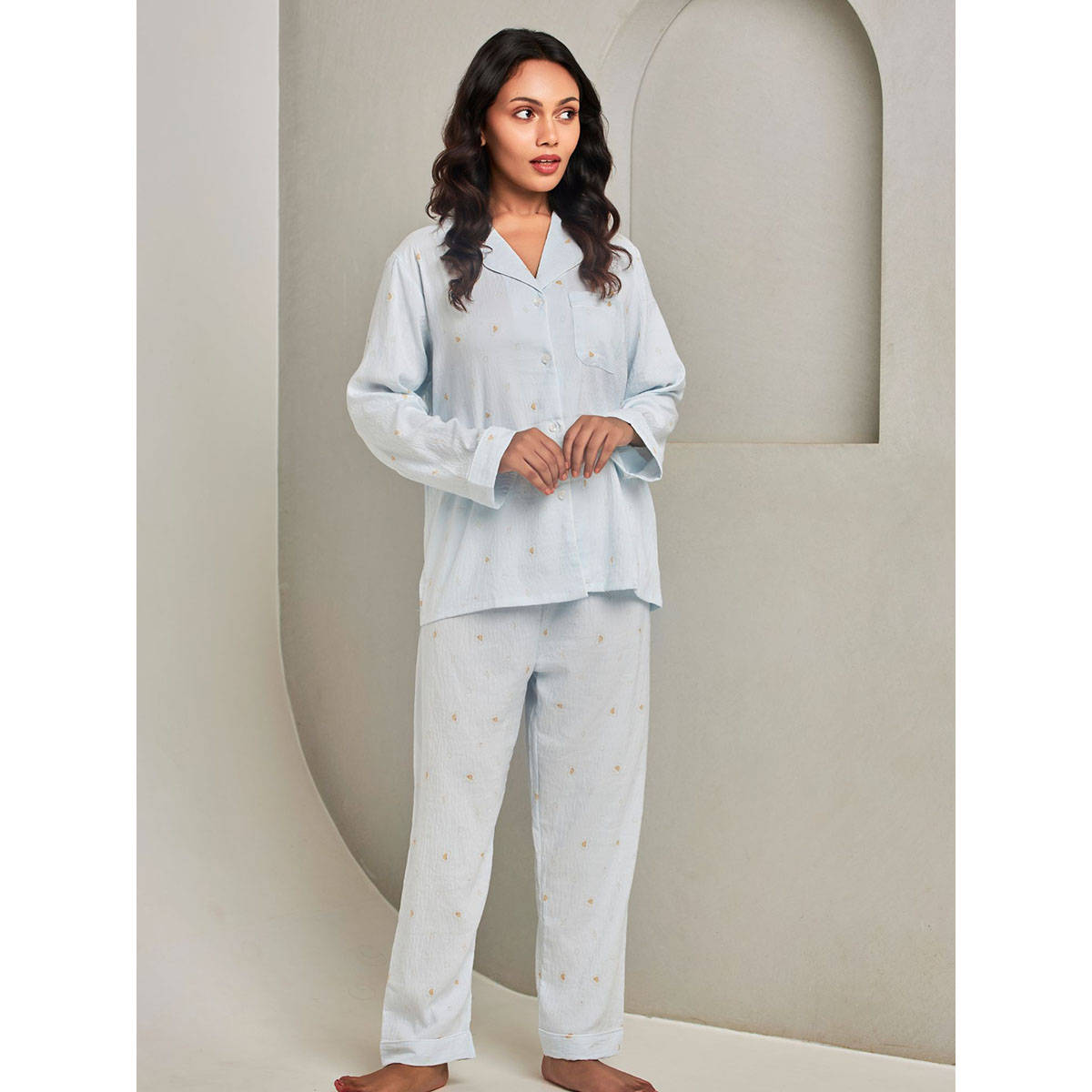 Addery Blue Printed Shirt & Pyjama (Set of 2) (S) · S