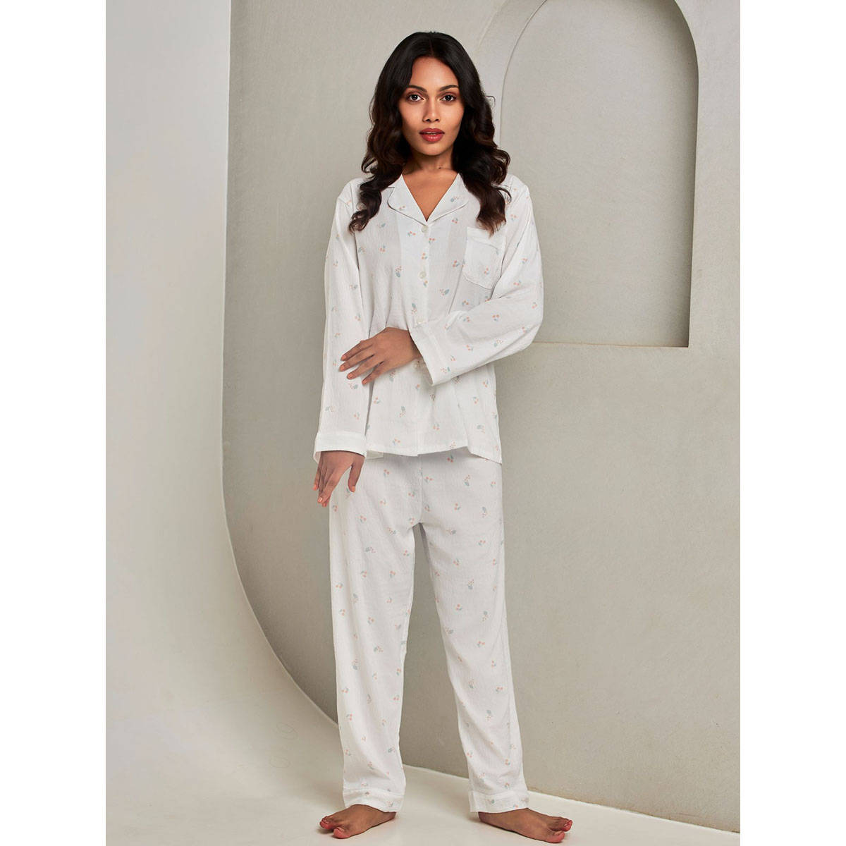 Addery White Cotton Rich Printed Shirt & Pyjama (Set of 2) (M) · M