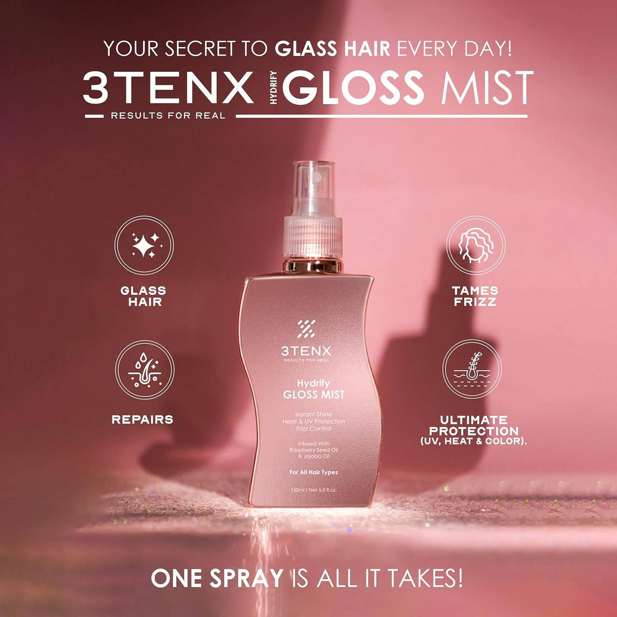 3TENX Hydrify Gloss Mist for Shiny, Frizz-Free Hair, 150ml