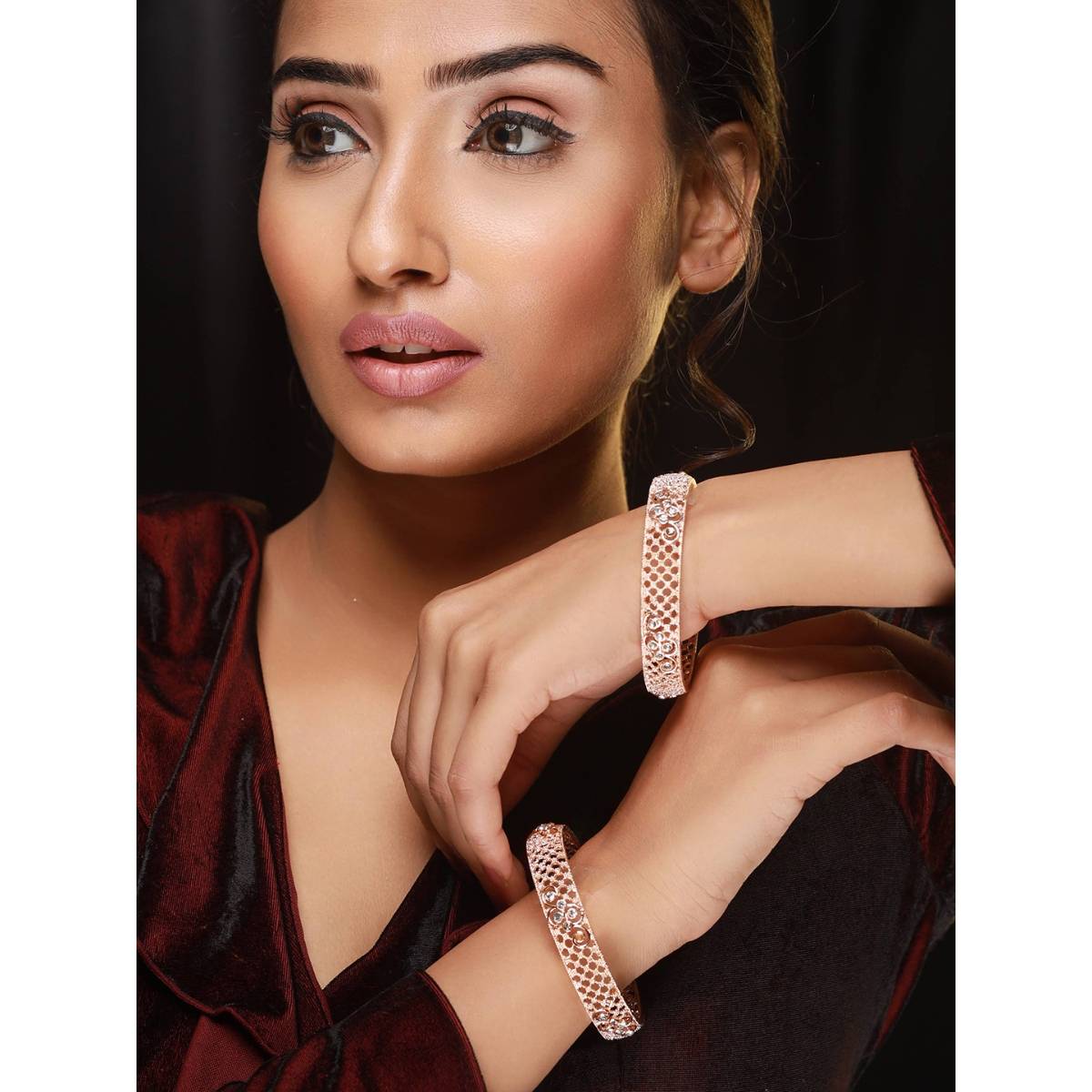 Aatmana Set of 2 Rose Gold Plated Cubic Zirconia Studded Bangle