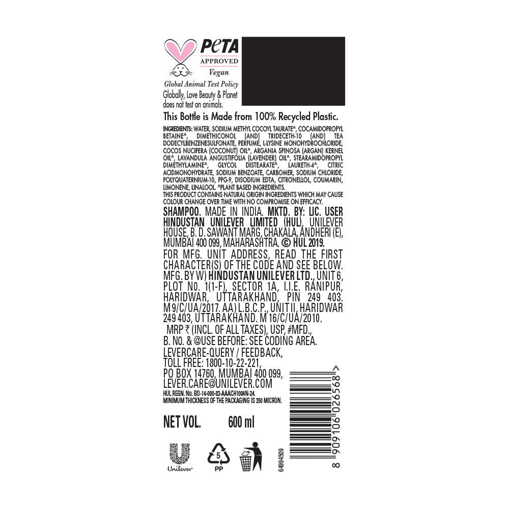 Love Beauty & Planet Argan Oil And Lavender Sulfate Free Smooth And Serene Shampoo (600ml)