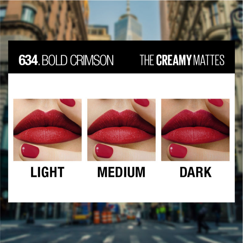 Maybelline New York Color Sensational Creamy Matte Lipstick, Lasts Up To 12H - 634 Bold Crimson