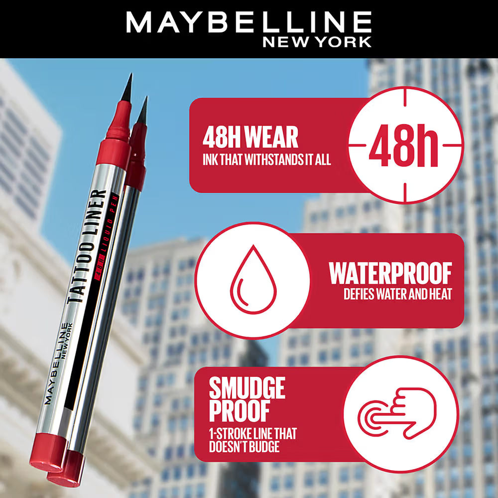 Maybelline New York High Impact Tattoo Pen Liner, Lasts Up To 48H - Black, Water & Smudge-proof (1g)