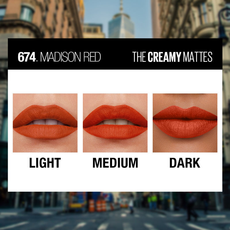 Maybelline New York Color Sensational Creamy Matte Lipstick, Lasts Up To 12H - 674 Madison Red