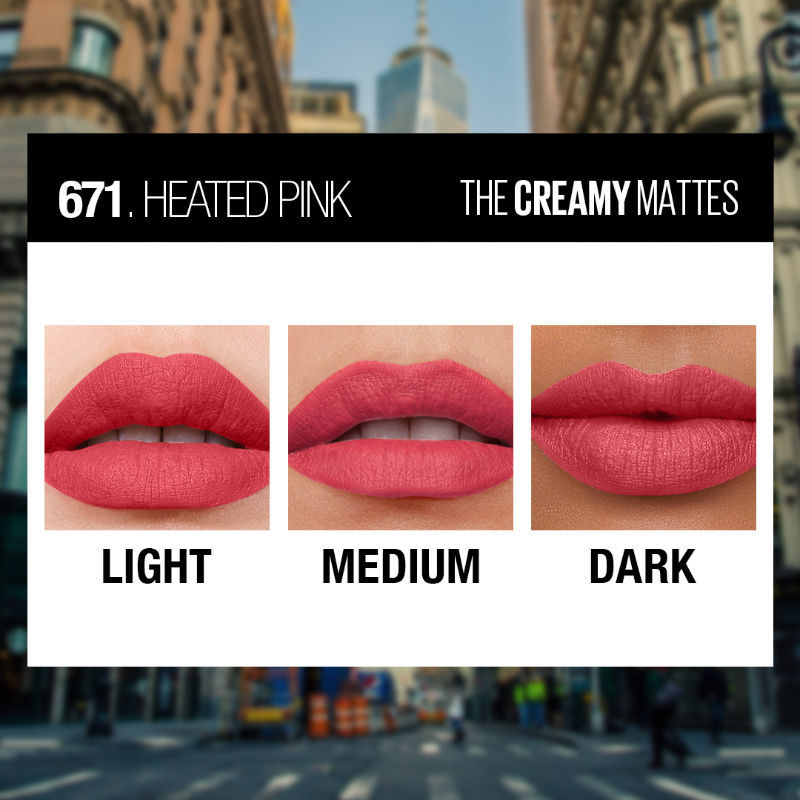 Maybelline New York Color Sensational Creamy Matte Lipstick, Lasts Up To 12H - 671 Heated Pink
