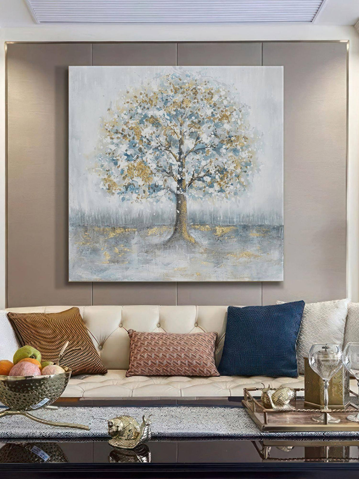 999Store Serene Tree Art Print - Elegant Gold And White Leaves On Soft Pastel Background