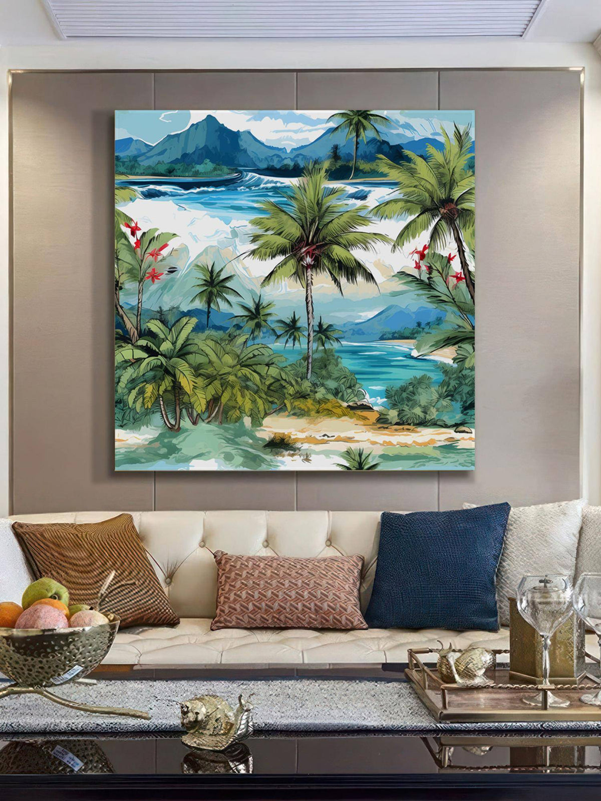 999Store Tropical Beach Art Print - Vibrant Palm Trees, Mountains, And Turquoise Sea Painting