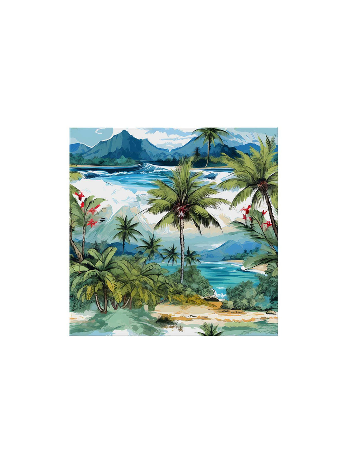 999Store Tropical Beach Art Print - Vibrant Palm Trees, Mountains, And Turquoise Sea Painting