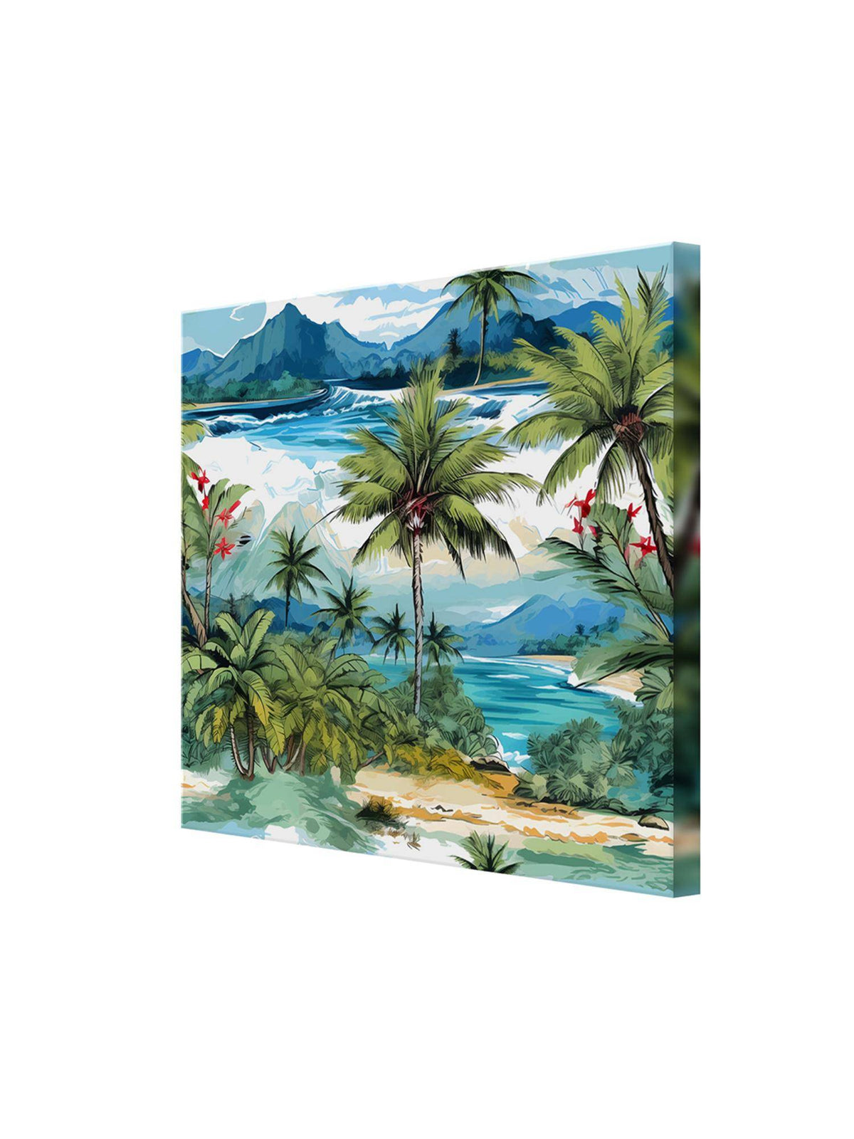 999Store Tropical Beach Art Print - Vibrant Palm Trees, Mountains, And Turquoise Sea Painting