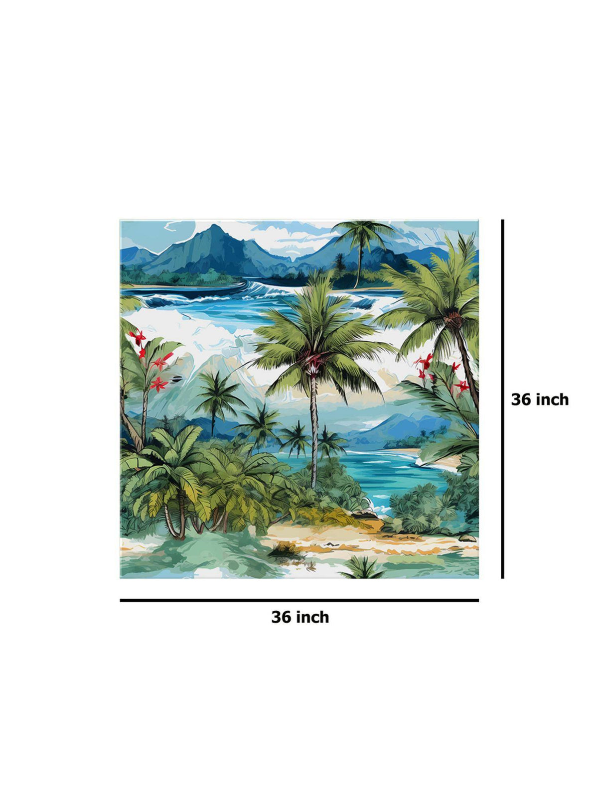 999Store Tropical Beach Art Print - Vibrant Palm Trees, Mountains, And Turquoise Sea Painting