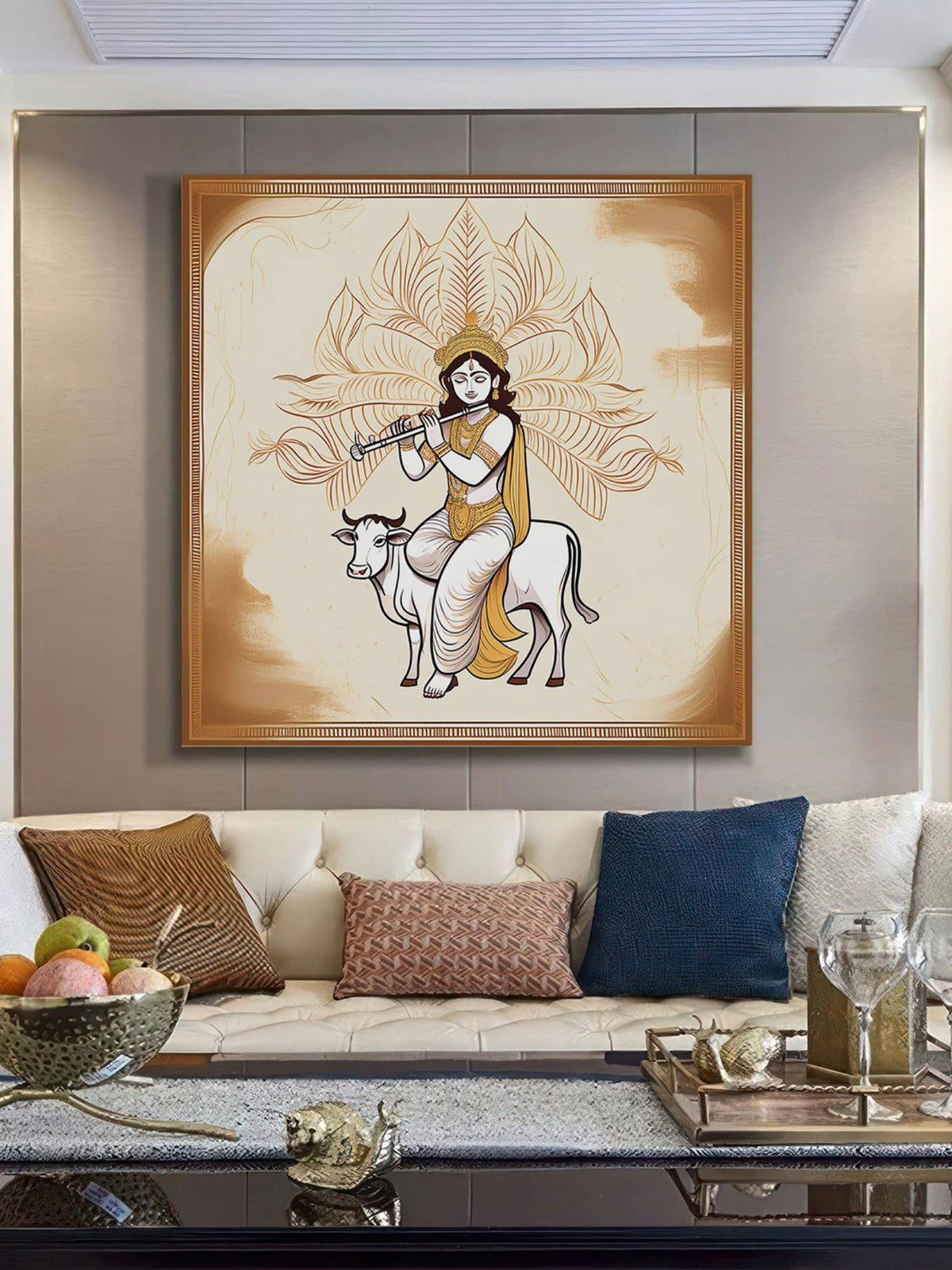 999Store Art Print - Lord Krishna Playing Flute On Cow With Intricate Gold Accents