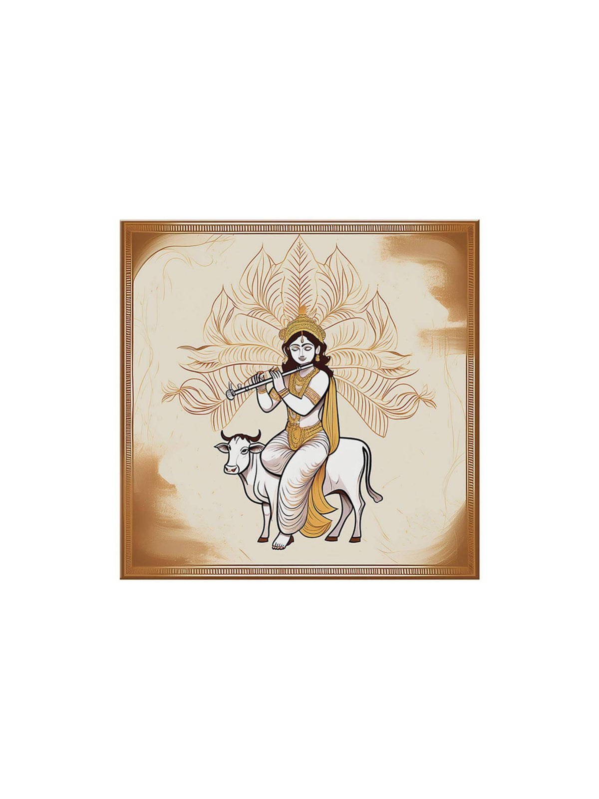 999Store Art Print - Lord Krishna Playing Flute On Cow With Intricate Gold Accents · Free Size