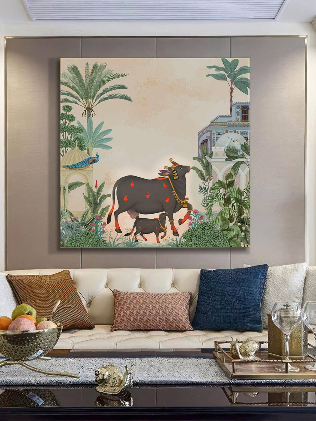 999Store Garden Art Print - Elegant Black Cow & Calf With Tropical Foliage Historic Architecture