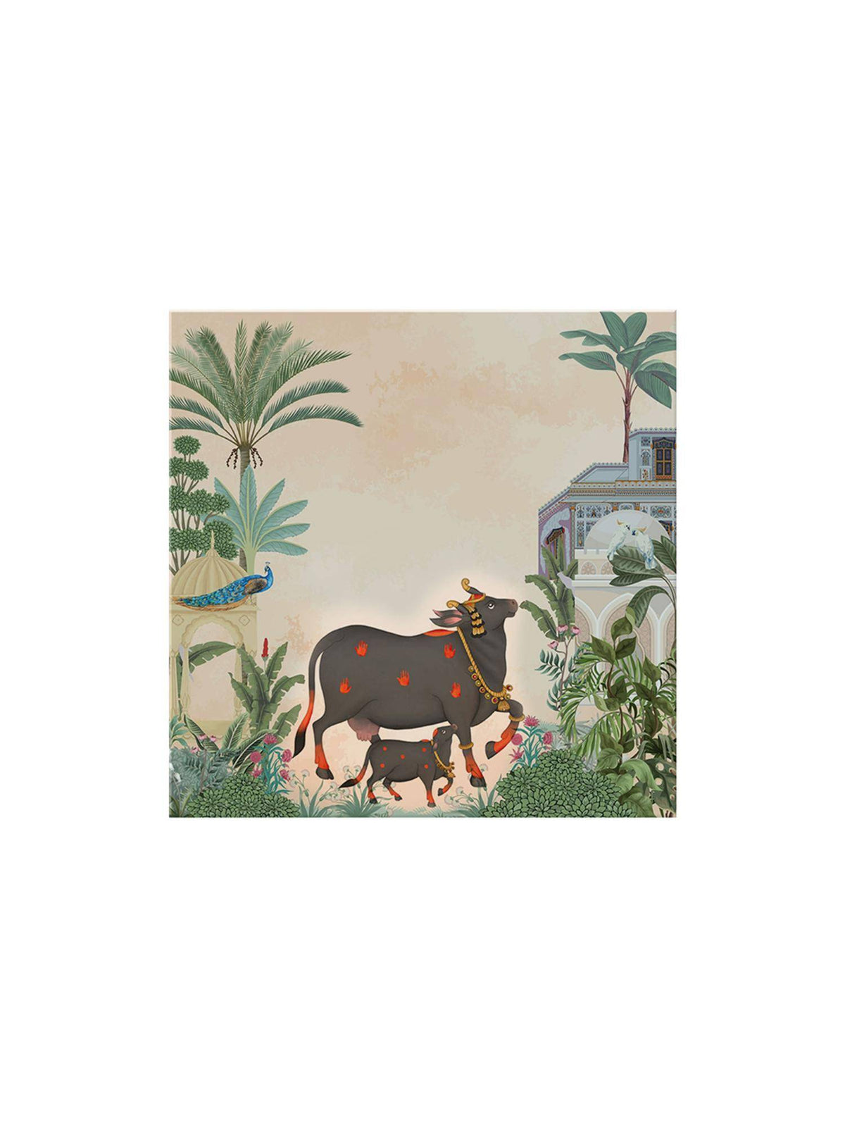 999Store Garden Art Print - Elegant Black Cow & Calf With Tropical Foliage Historic Architecture
