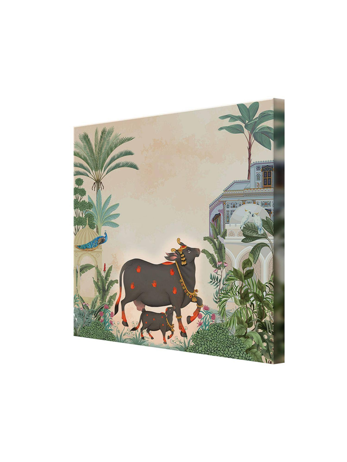 999Store Garden Art Print - Elegant Black Cow & Calf With Tropical Foliage Historic Architecture