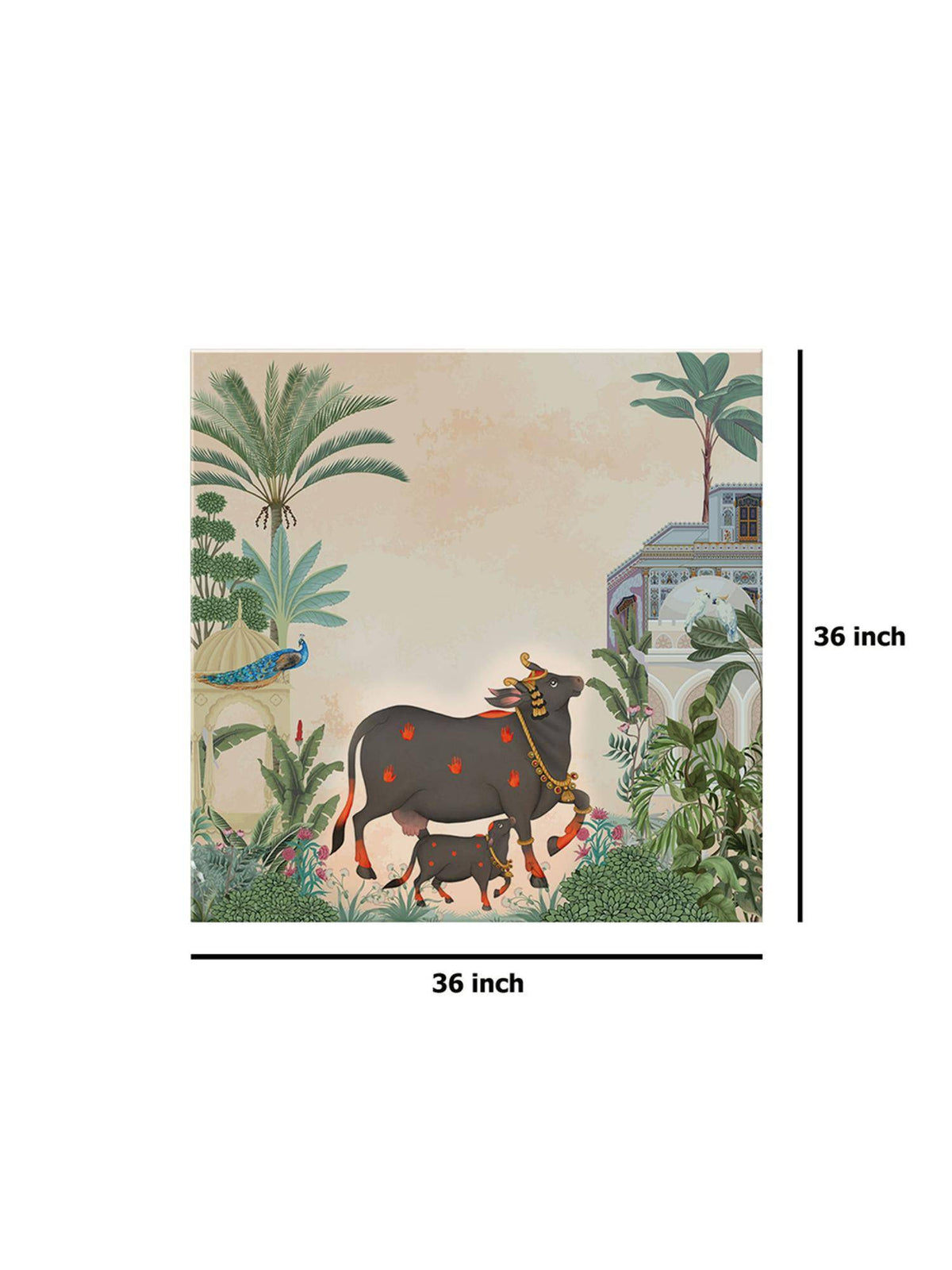 999Store Garden Art Print - Elegant Black Cow & Calf With Tropical Foliage Historic Architecture