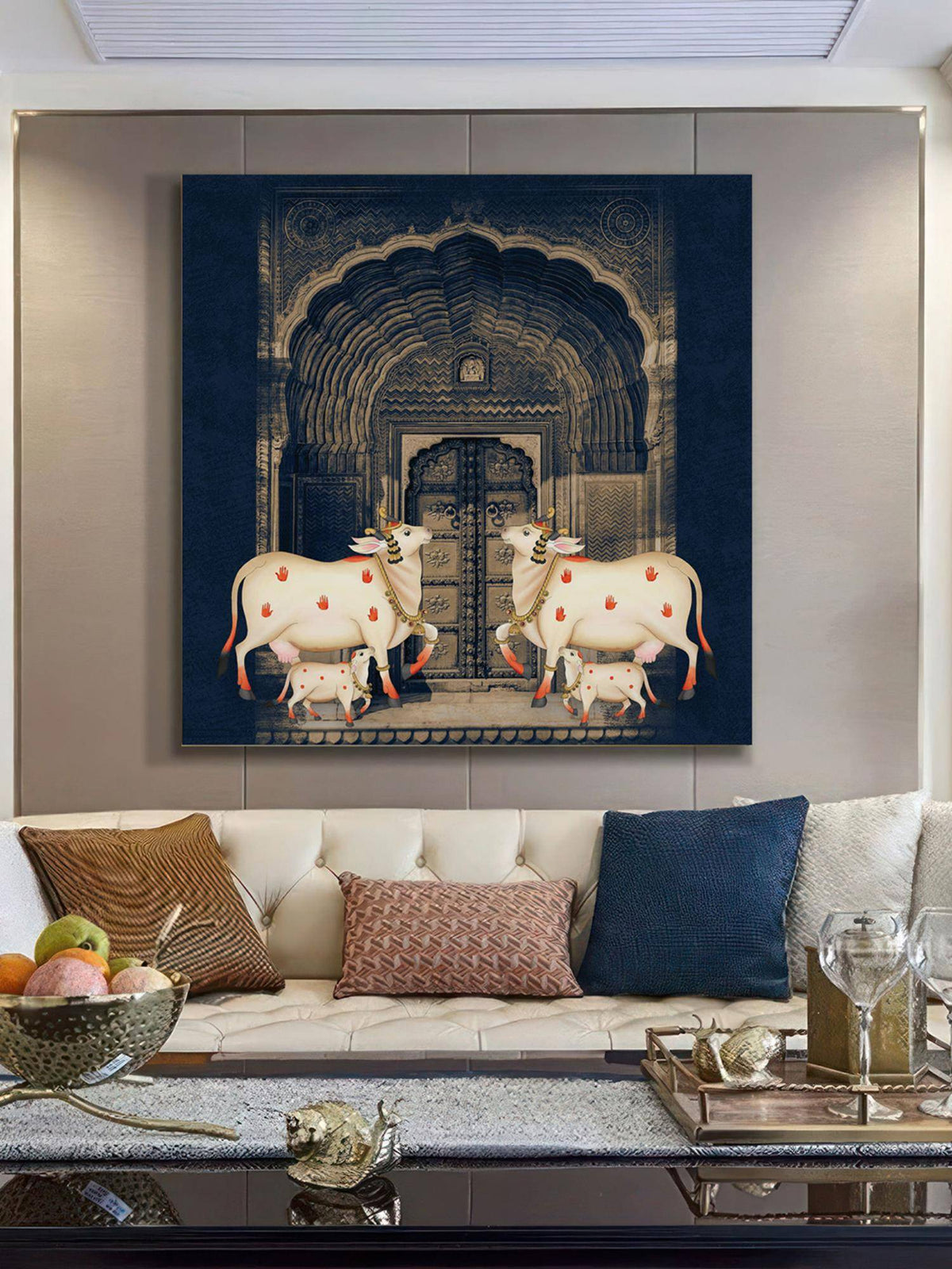 999Store Art Print - White Cows With Calves In Front Of Intricate Archway