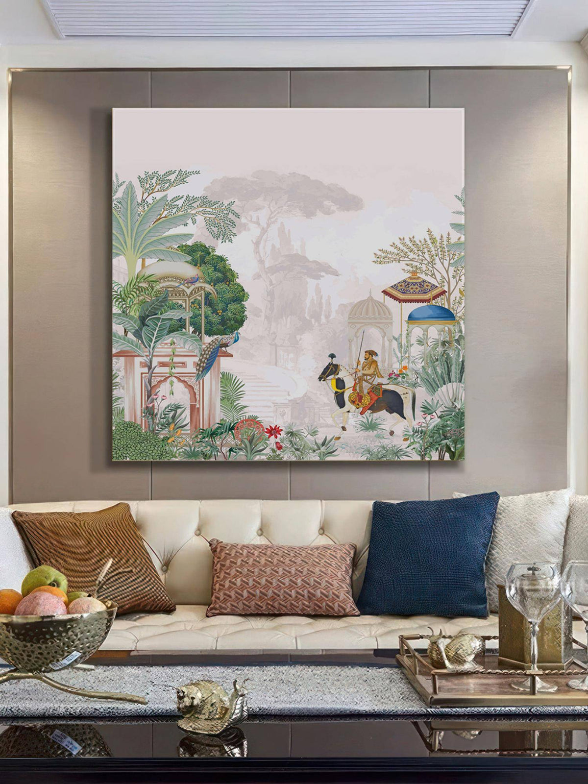 999Store Garden Art Print - Elegant Peacocks, Historical Figures, And Lush Foliage