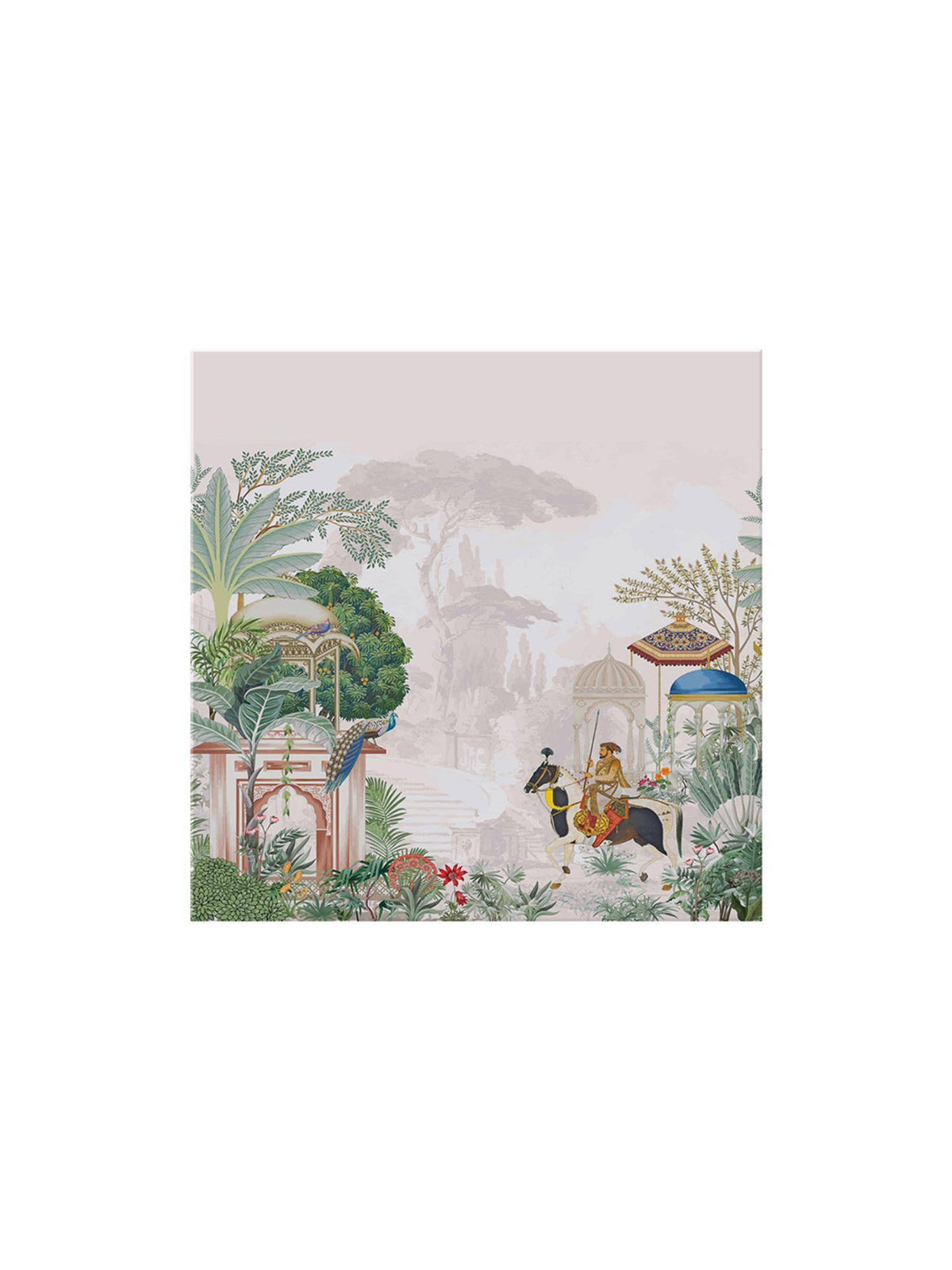 999Store Garden Art Print - Elegant Peacocks, Historical Figures, And Lush Foliage