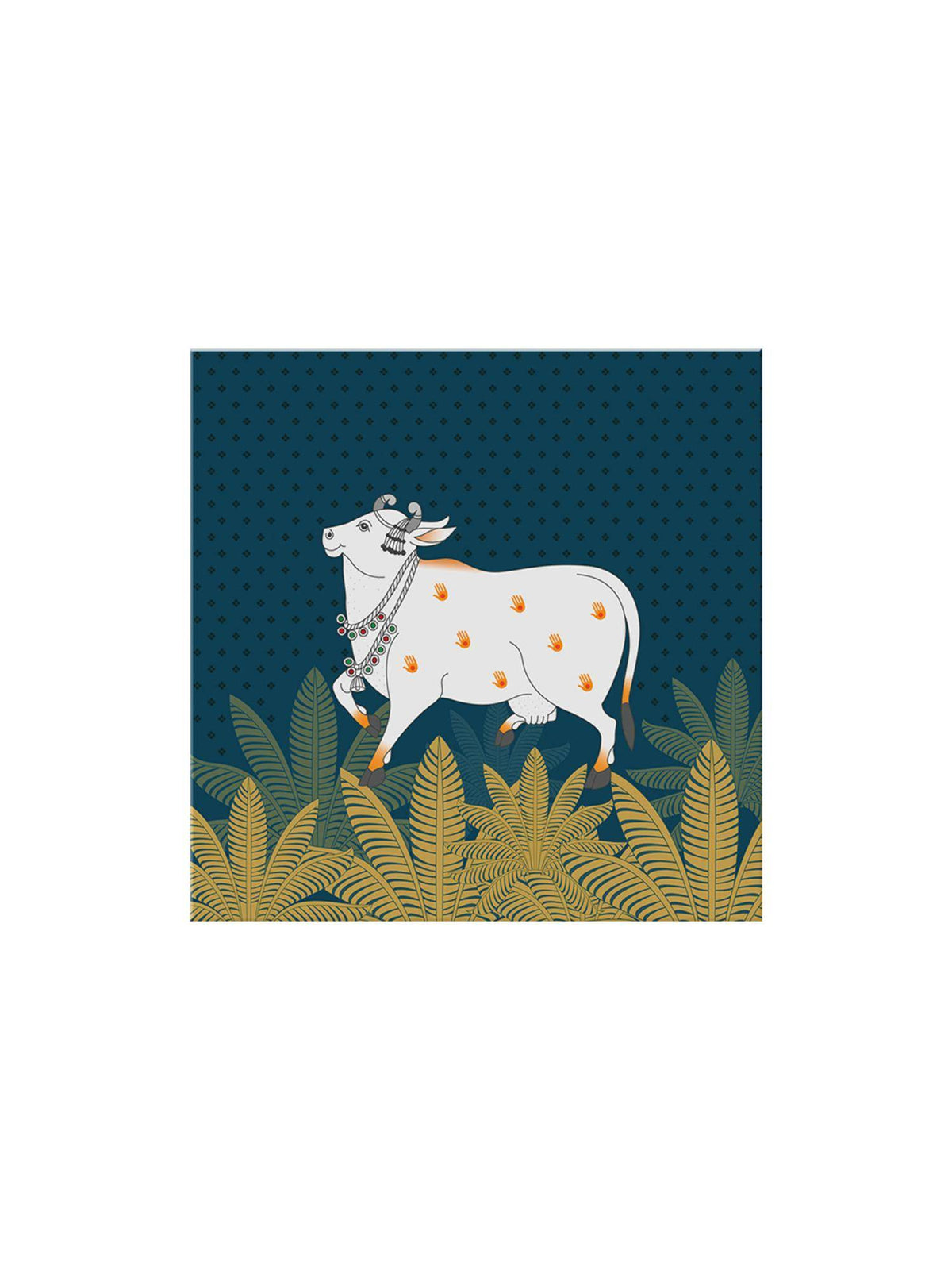 999Store Cow Art Print - Decorative White Cow With Gold Foliage On Deep Blue Background