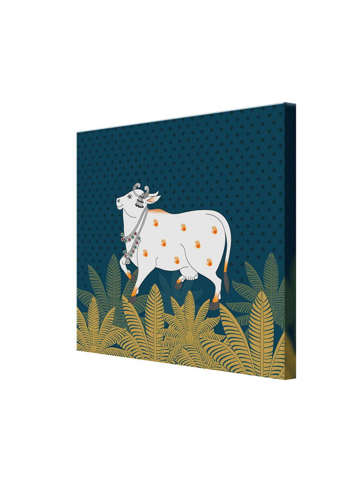 999Store Cow Art Print - Decorative White Cow With Gold Foliage On Deep Blue Background