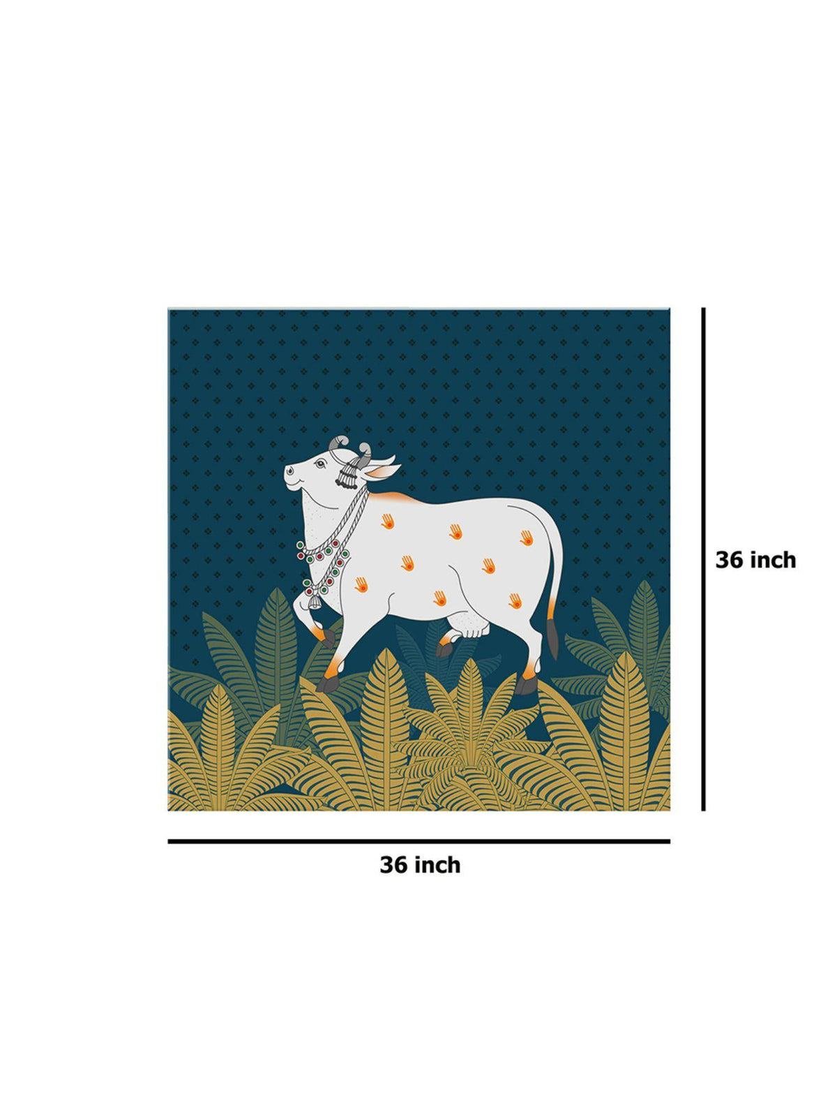 999Store Cow Art Print - Decorative White Cow With Gold Foliage On Deep Blue Background
