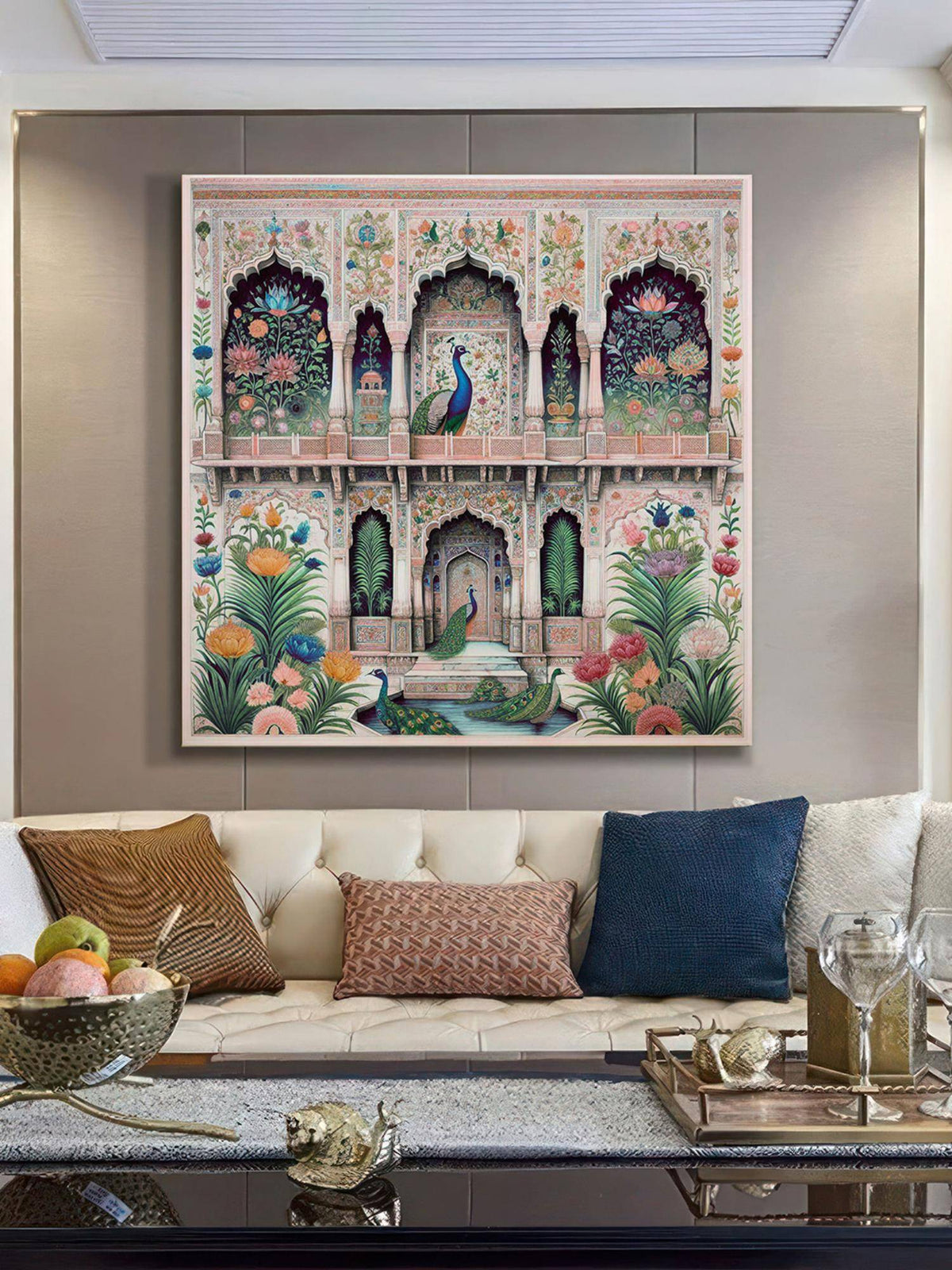 999Store Architectural Art Print - Intricate Floral Patterns And Elegant Peacocks On Vibrant Facade · Free Size