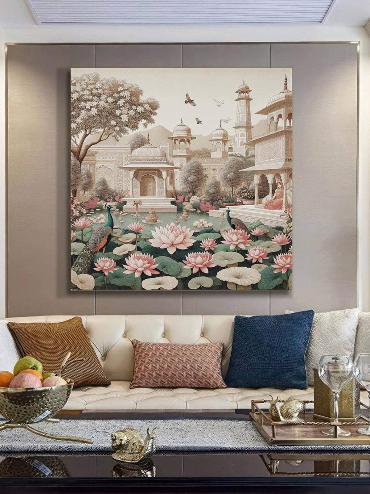 999Store Garden Art Print - Serene Lotus Pond And Elegant Architecture With Peacocks