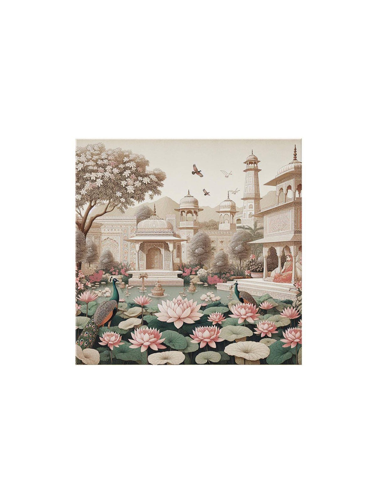 999Store Garden Art Print - Serene Lotus Pond And Elegant Architecture With Peacocks