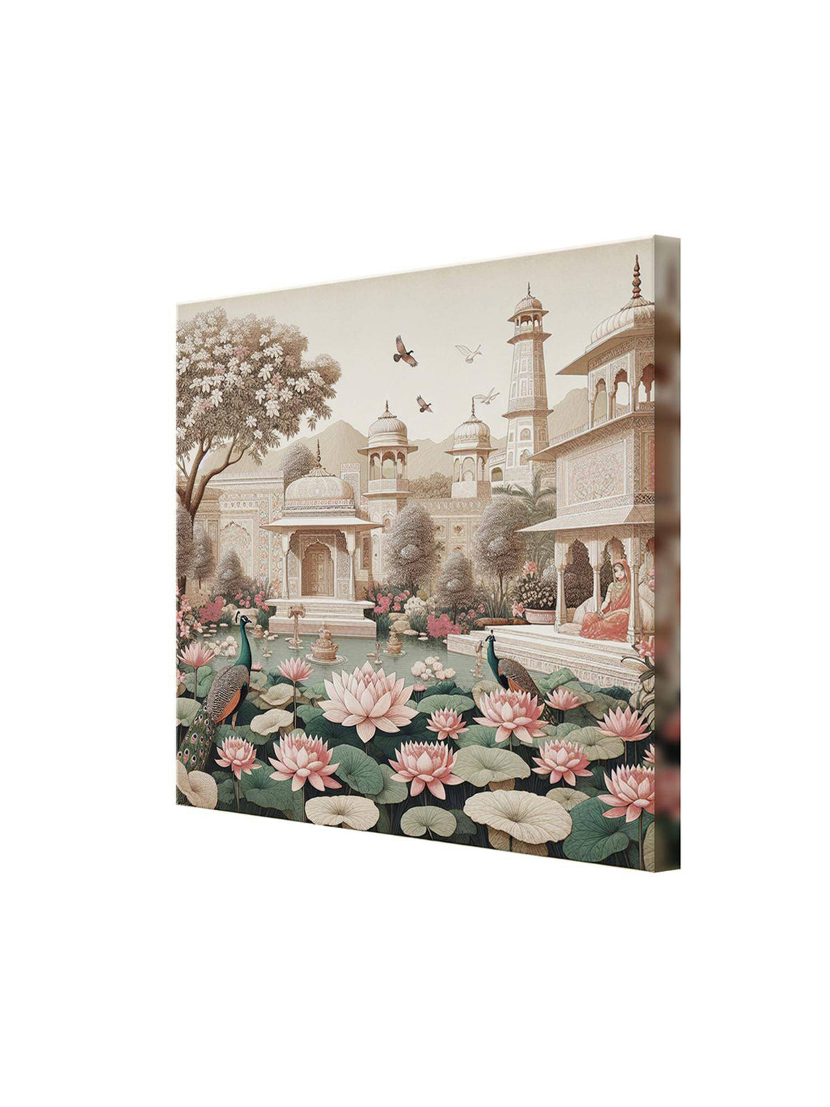 999Store Garden Art Print - Serene Lotus Pond And Elegant Architecture With Peacocks