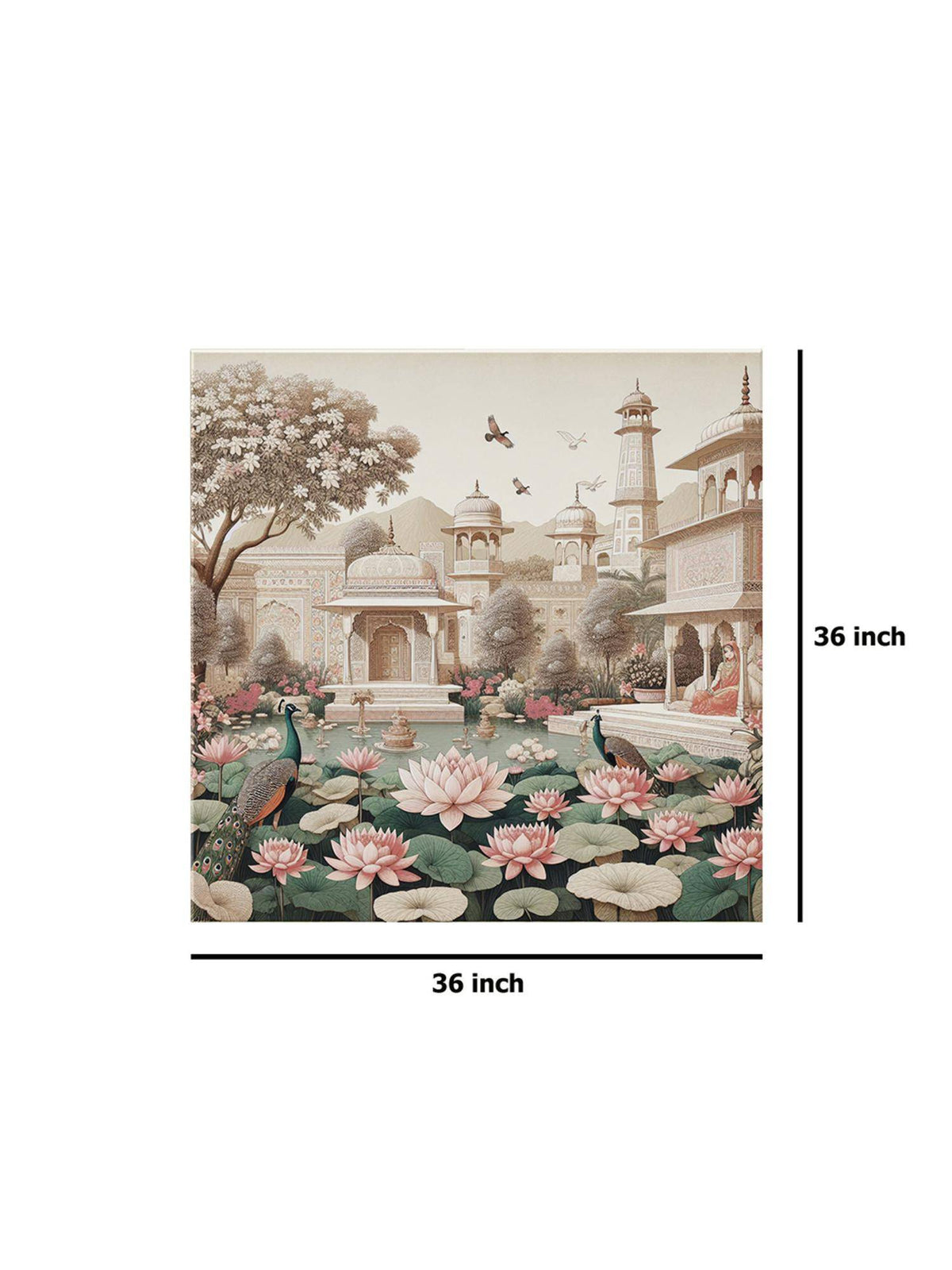 999Store Garden Art Print - Serene Lotus Pond And Elegant Architecture With Peacocks