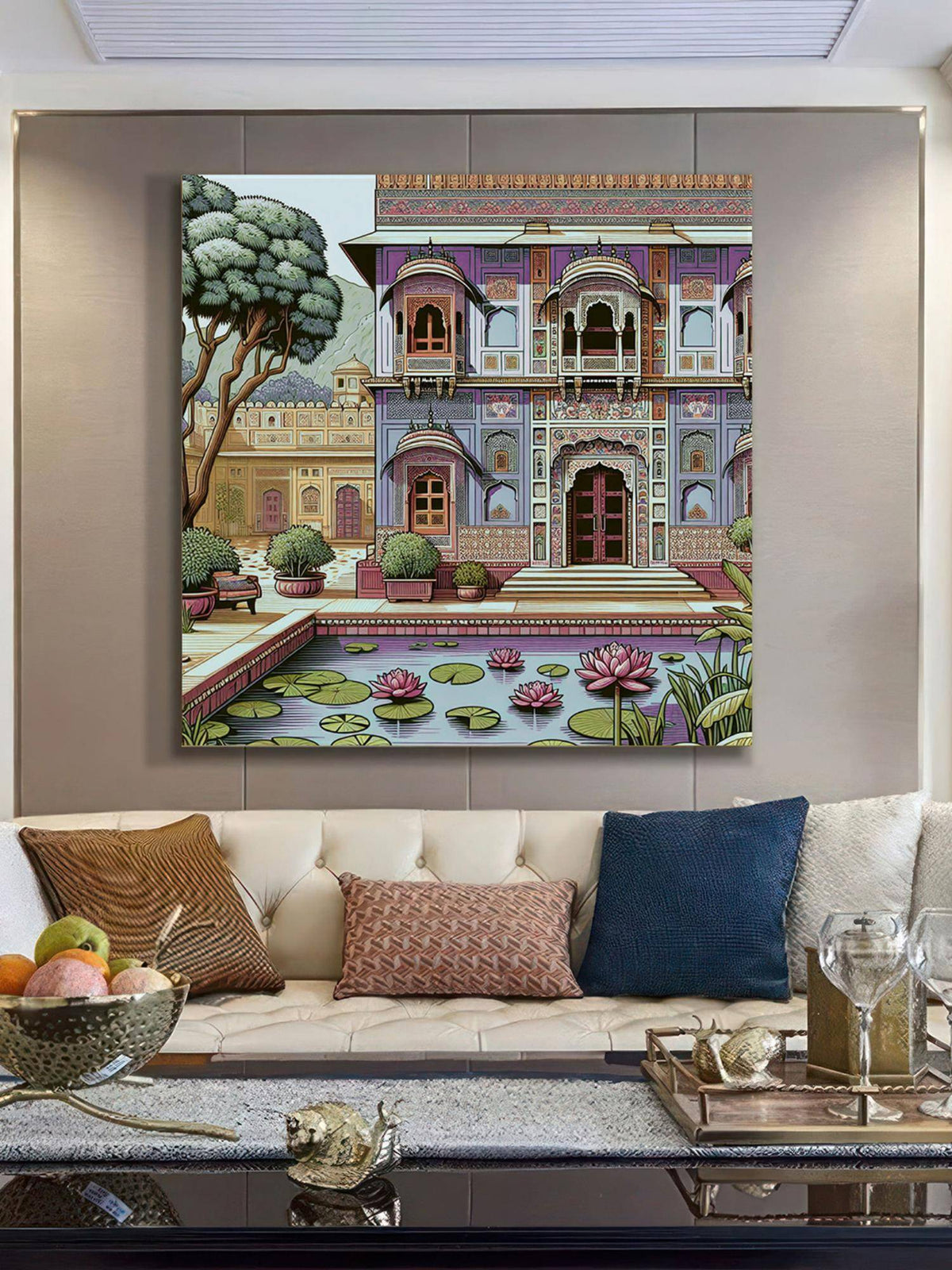 999Store Palace Art Print - Ornate Architecture With Lotus Pond And Vibrant Colors