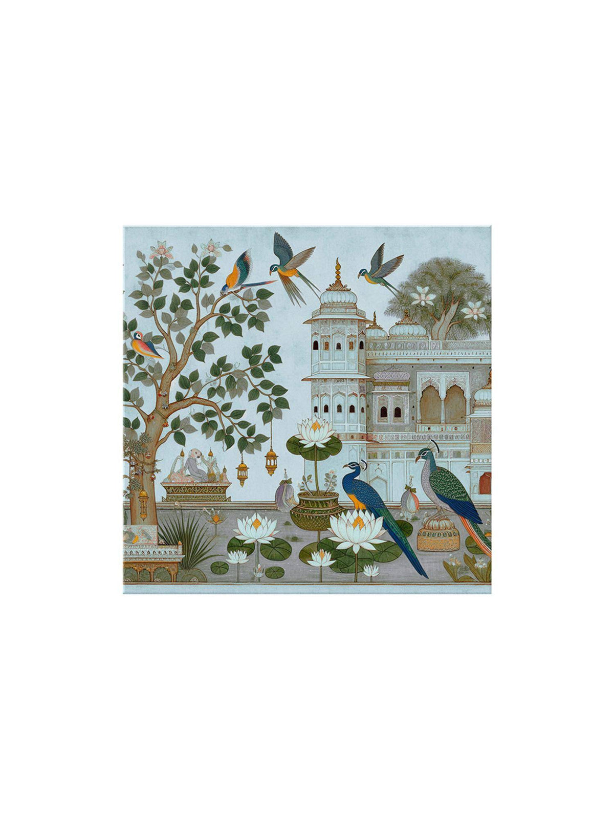 999Store Garden Art Print - Elegant Peacocks And Birds With Lush Foliage And Historic Architecture