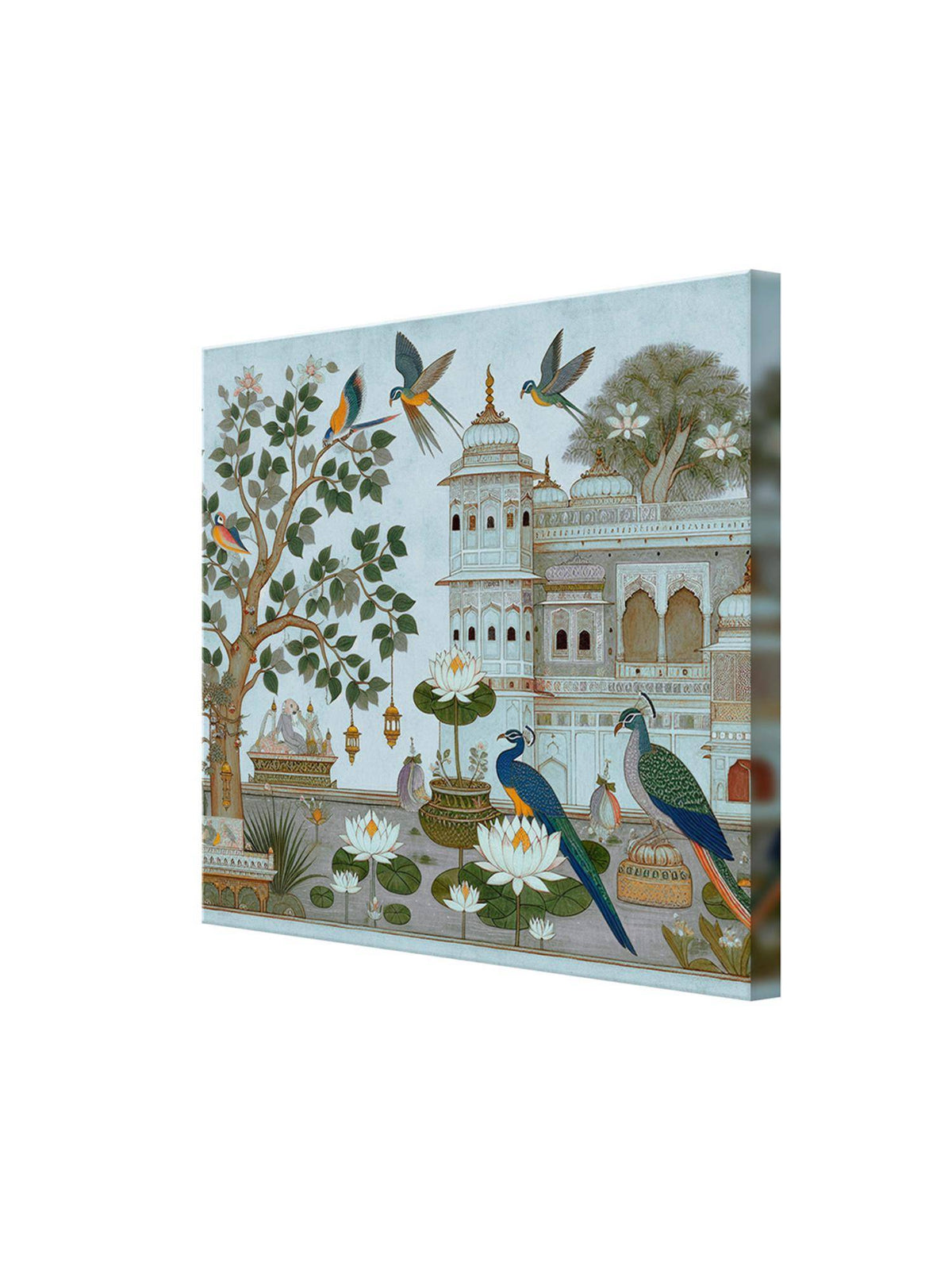999Store Garden Art Print - Elegant Peacocks And Birds With Lush Foliage And Historic Architecture