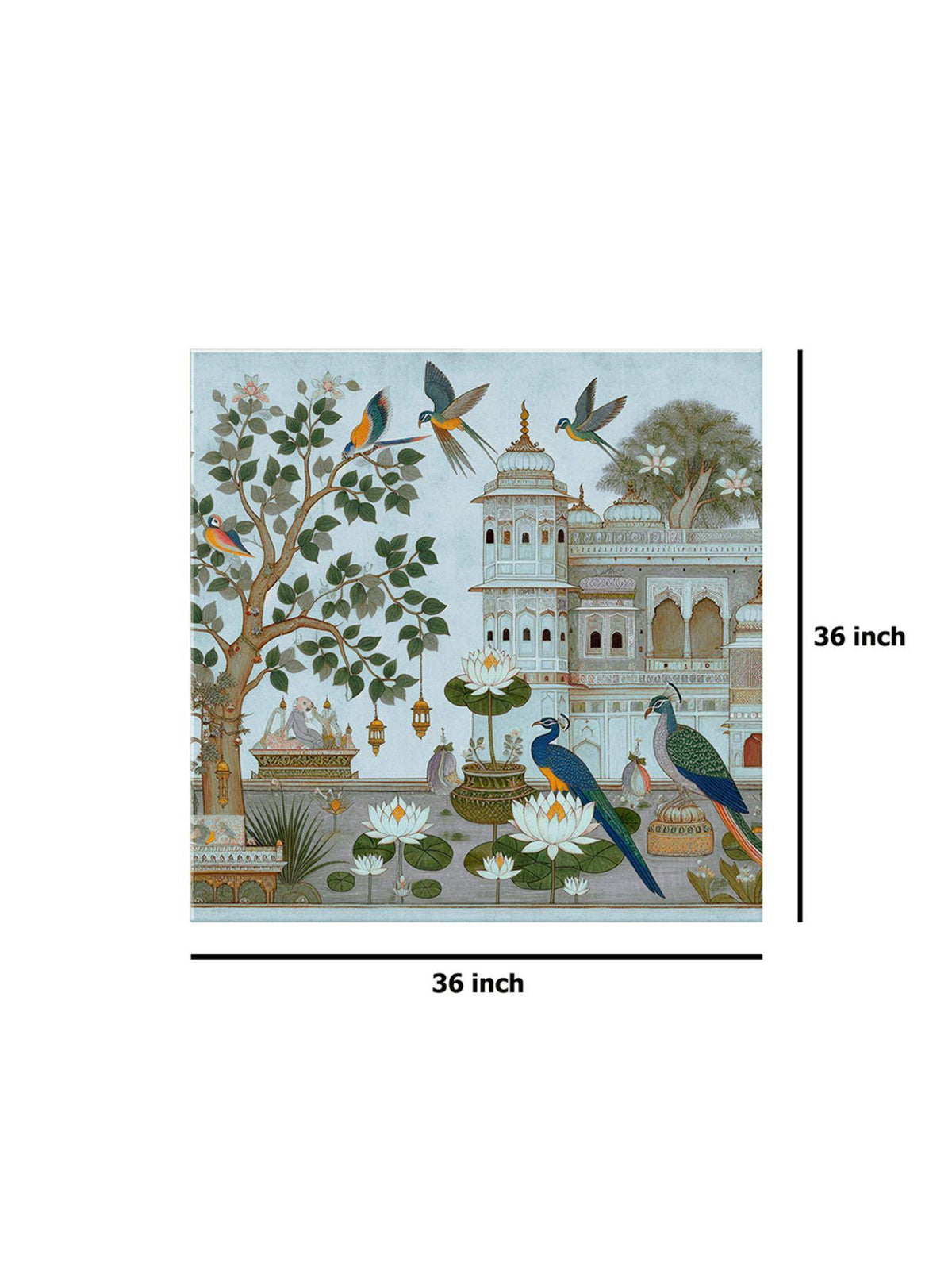 999Store Garden Art Print - Elegant Peacocks And Birds With Lush Foliage And Historic Architecture