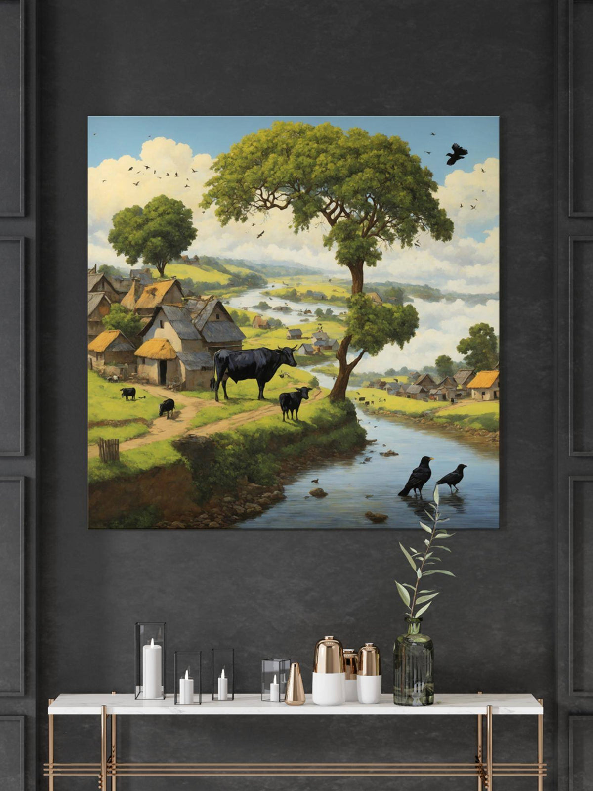 999Store A Peaceful Village Scene By A River With Cows Grazing And Birds By The Water Painting