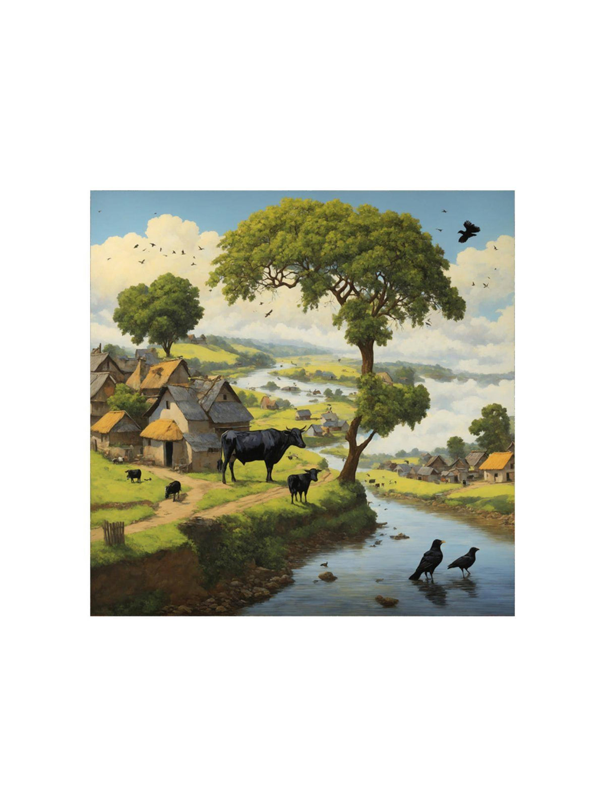 999Store A Peaceful Village Scene By A River With Cows Grazing And Birds By The Water Painting
