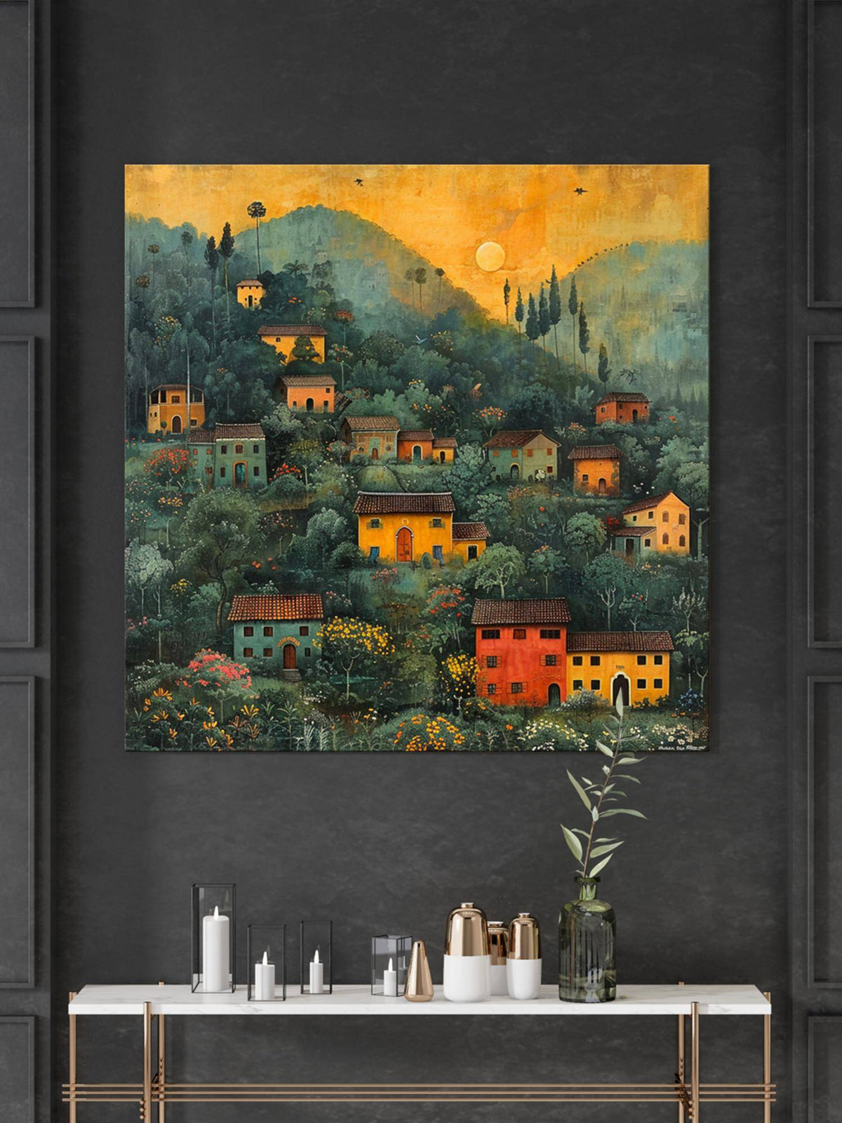 999Store Hills A Cluster Of Houses Nestled Soft Morning Light Village Scenery Painting