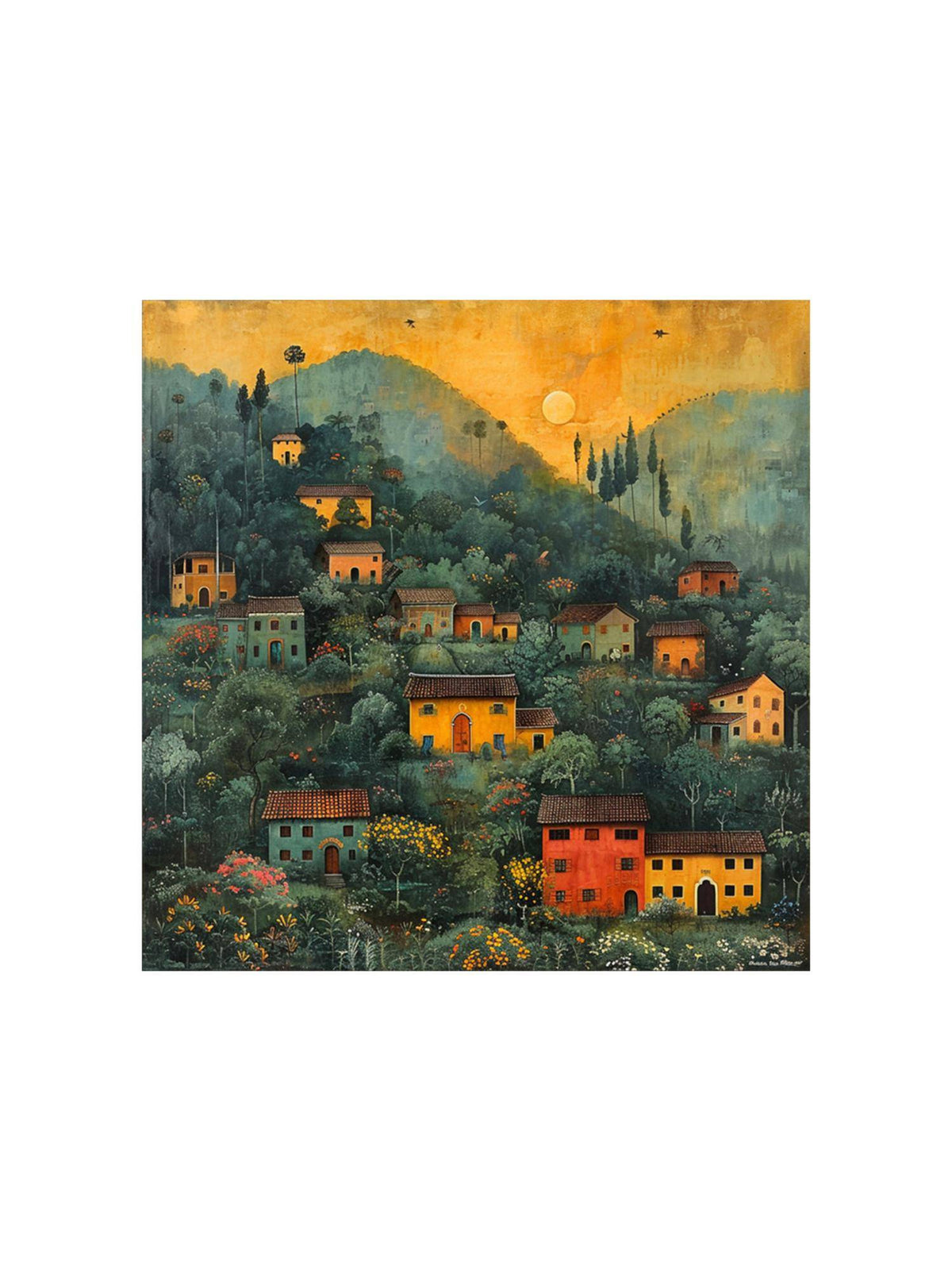 999Store Hills A Cluster Of Houses Nestled Soft Morning Light Village Scenery Painting