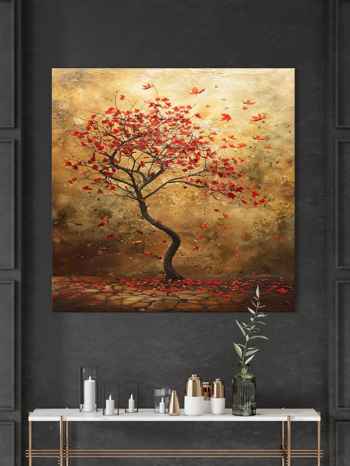 999Store Autumn'S Whisper A Solitary Tree With Red Leaves With Leaves Gently Falling Painting