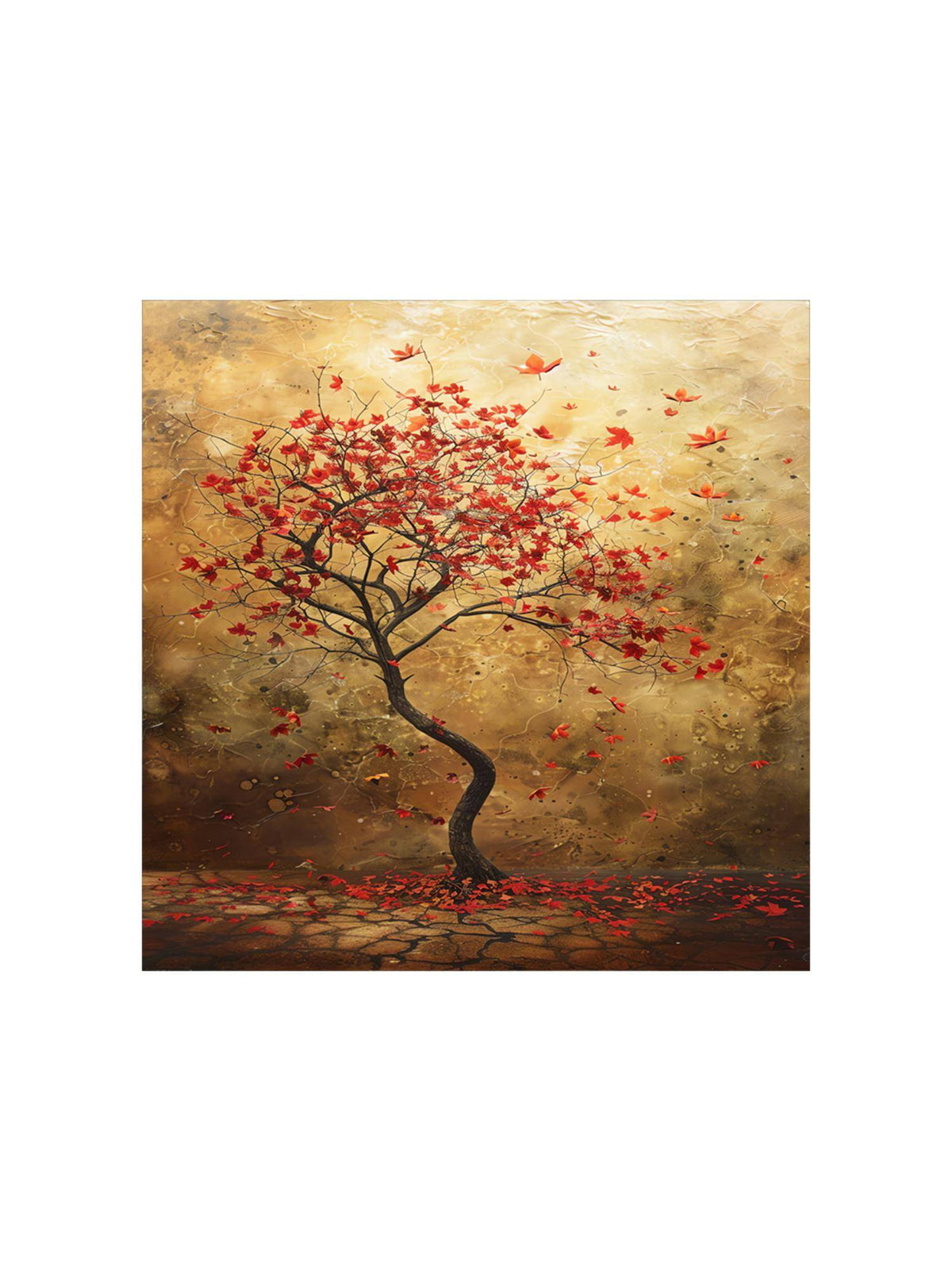 999Store Autumn'S Whisper A Solitary Tree With Red Leaves With Leaves Gently Falling Painting · Free Size