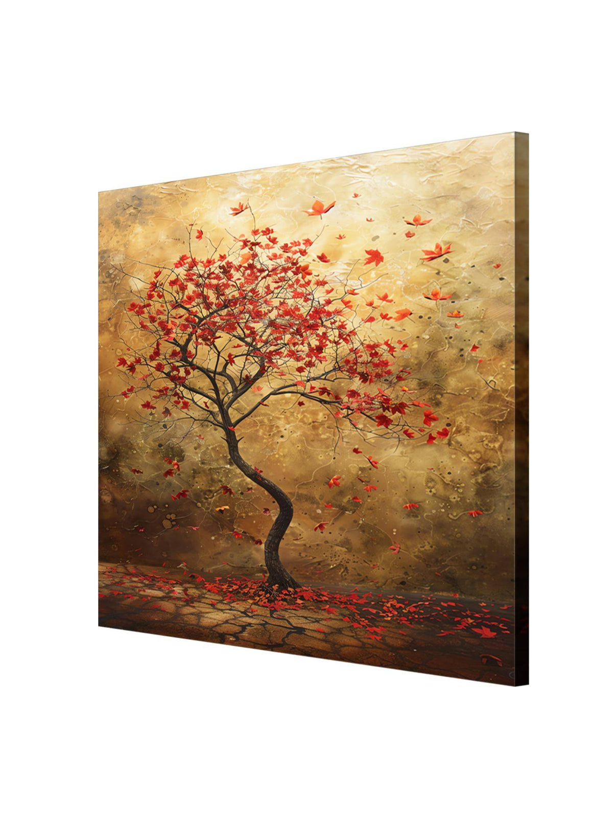 999Store Autumn'S Whisper A Solitary Tree With Red Leaves With Leaves Gently Falling Painting